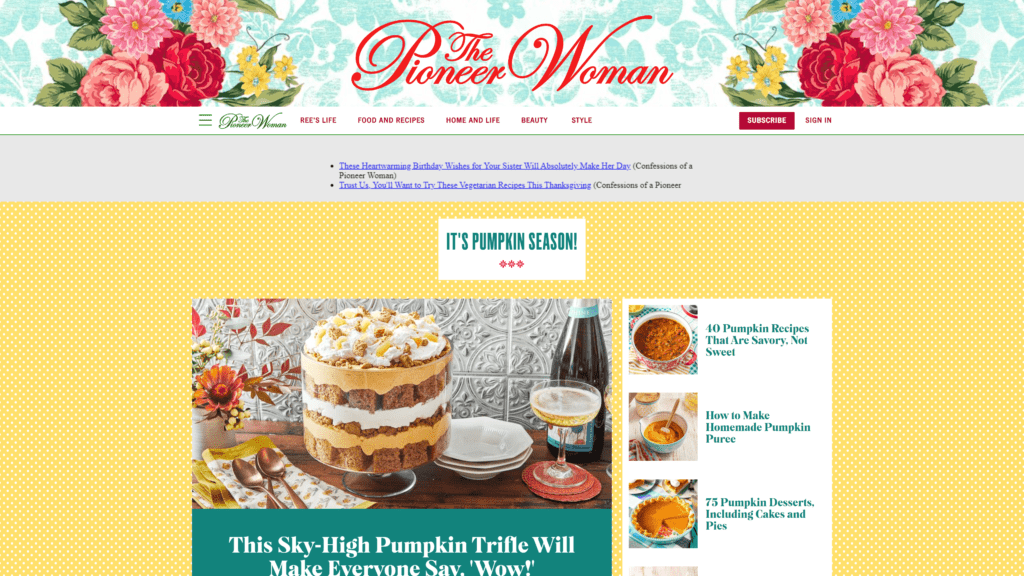 screenshot of the pioneer woman homepage