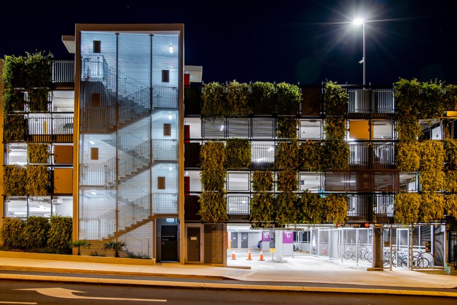 The B-Line Manly Vale carpark at night. it is well lit and provides secure ground level bicycle parking