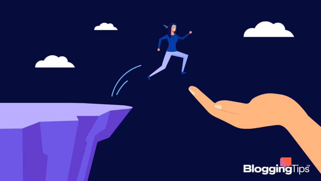 vector graphic showing an illustration of brand honesty - a business person jumping off a cliff blindfolded and into somebody's hand