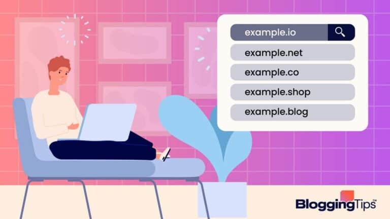 vector graphic showing a handful of .com alternatives in a box arranged next to a man with a computer