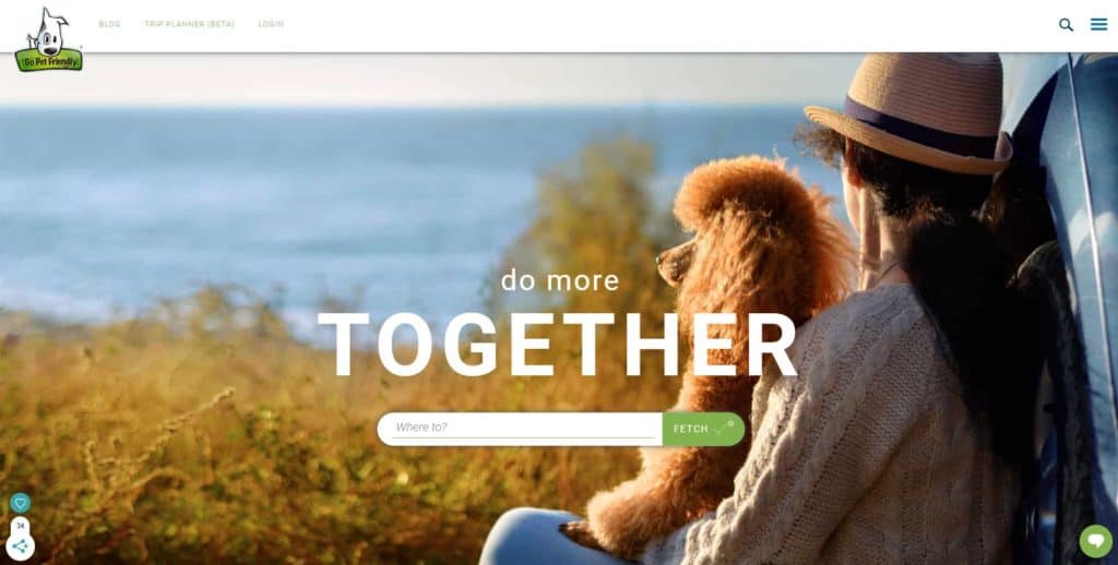 screenshot of the go pet friendly homepage