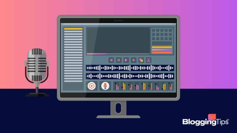 vector graphic showing a podcast software on a computer screen with a microphone sitting next to it