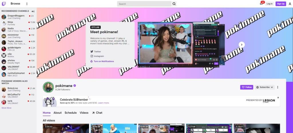 screenshot of the pokimane twitch homepage