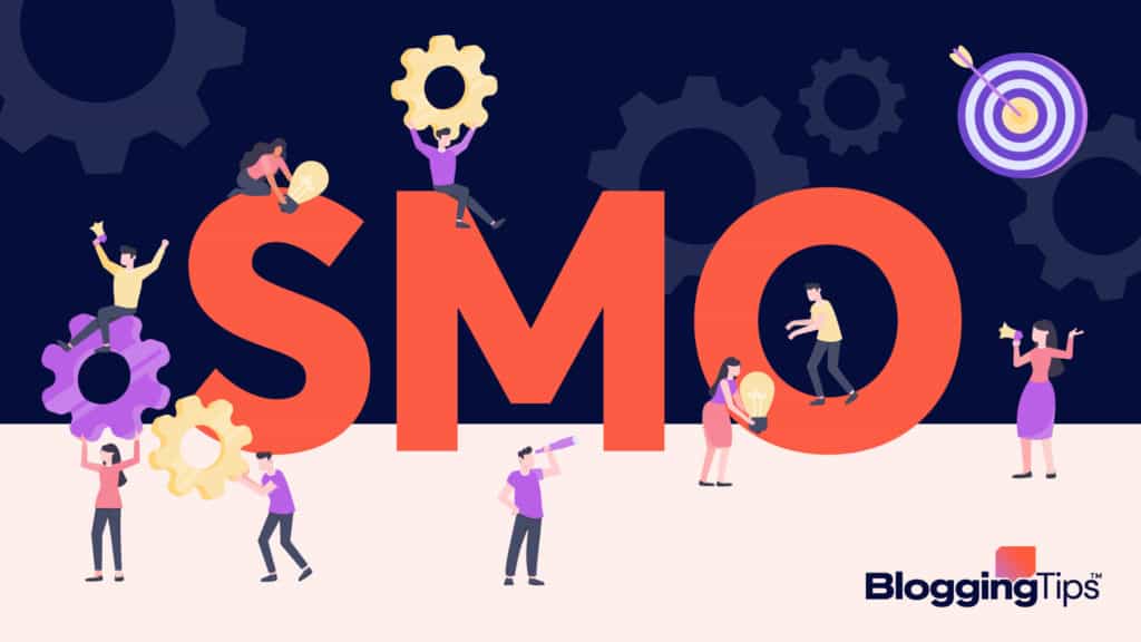 vector graphic showing an illustration of the SMO meaning - SMO text surrounded by people building elements onto it