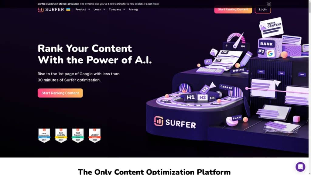 screenshot of the surferseo homepage