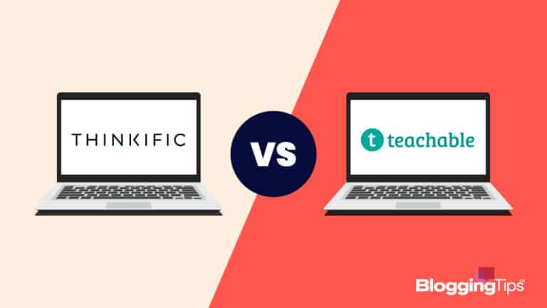 vector graphic showing thinkific vs teachable - two laptops sitting side by side with the thinkific logo on one and the teachable logo on the other