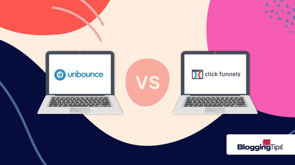 vector graphic illustrating the unbounce vs clickfunnels battle with both company logos side by side, displayed on laptop screens