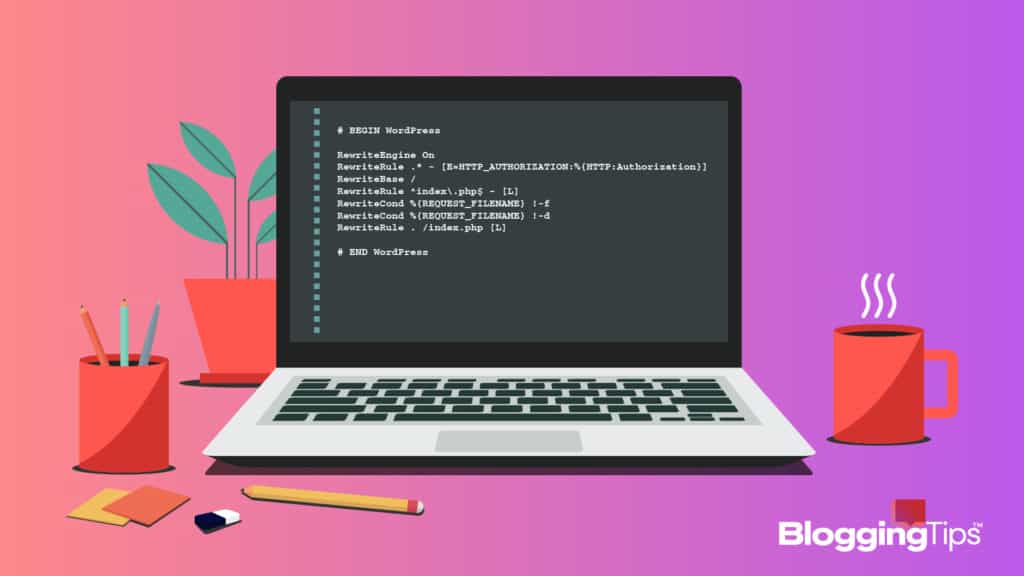 vector graphic showing a laptop with a wordpress htaccess file on the screen