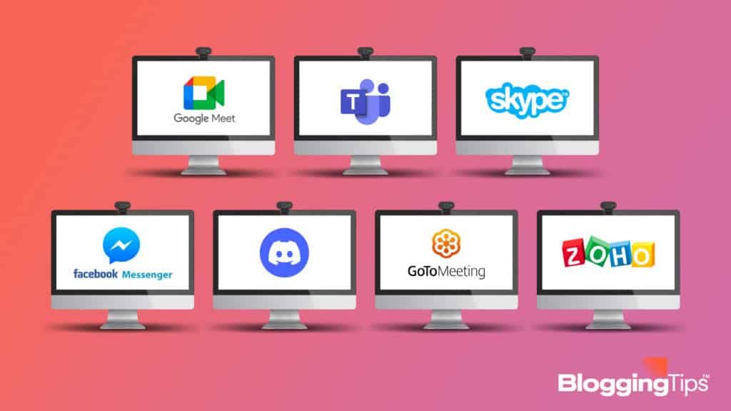 vector graphic showing the logos of the best Zoom alternatives on the screens of computer monitors arranged side by side