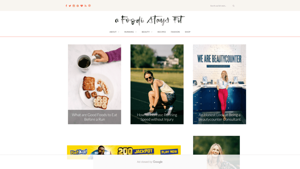 screenshot of the a foodie stays fit homepage