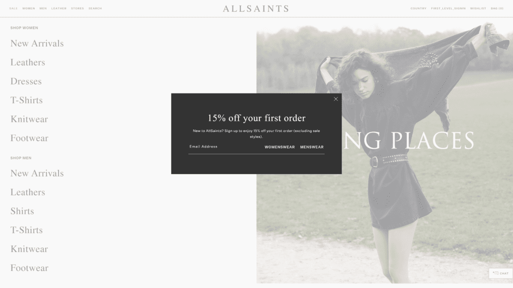 screenshot of the allsaints homepage