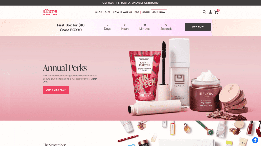 screenshot of the allure beauty box homepage