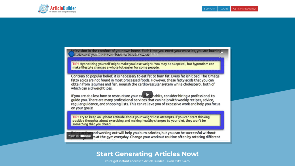 screenshot of the article writer homepage