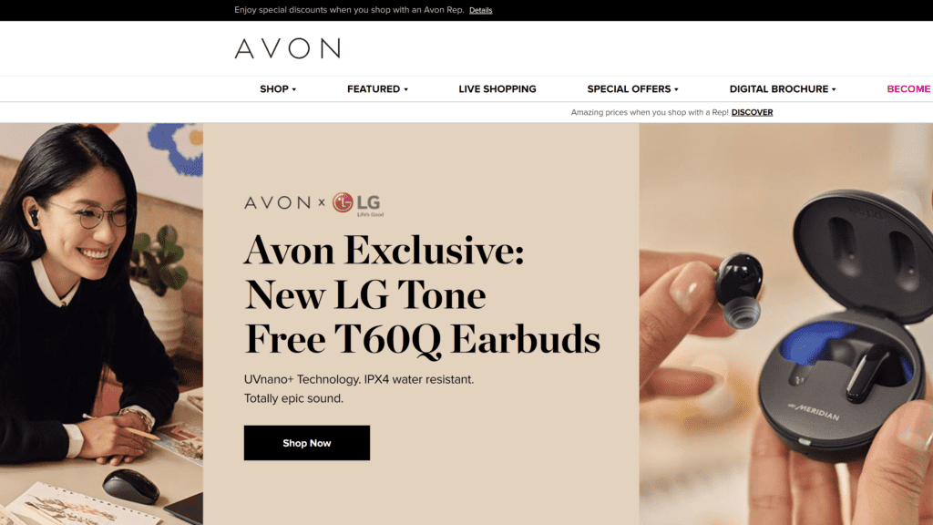 screenshot of the avon homepage