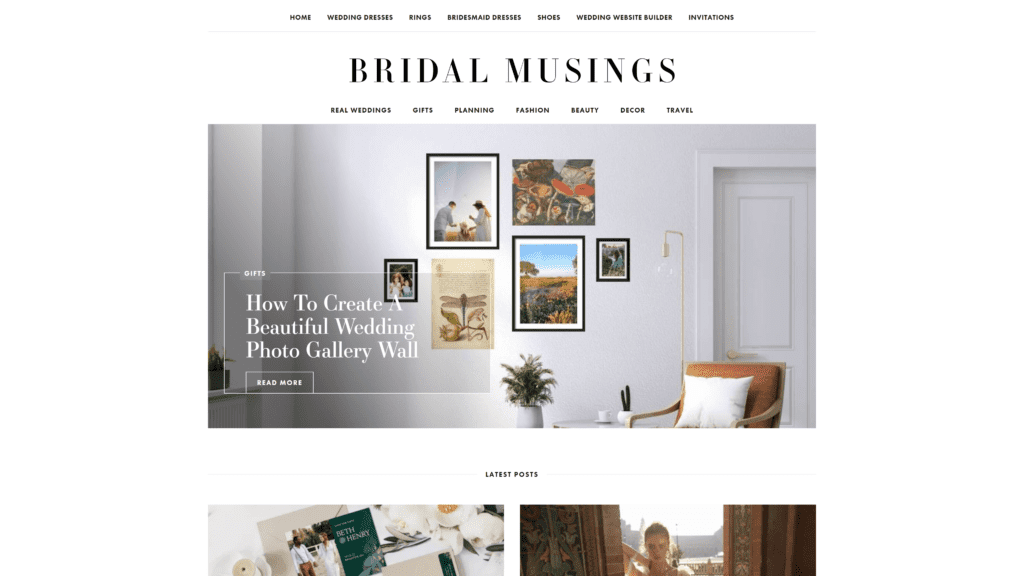 screenshot of the bridal musings homepage