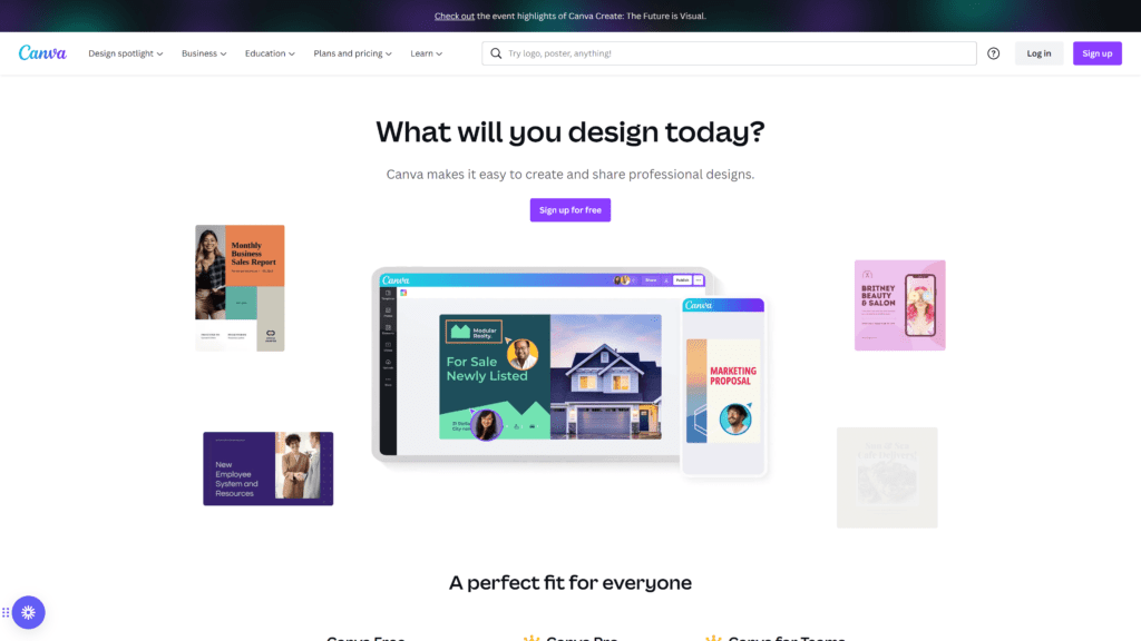 screenshot of the canva homepage