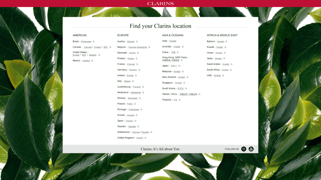 screenshot of the clarins homepage