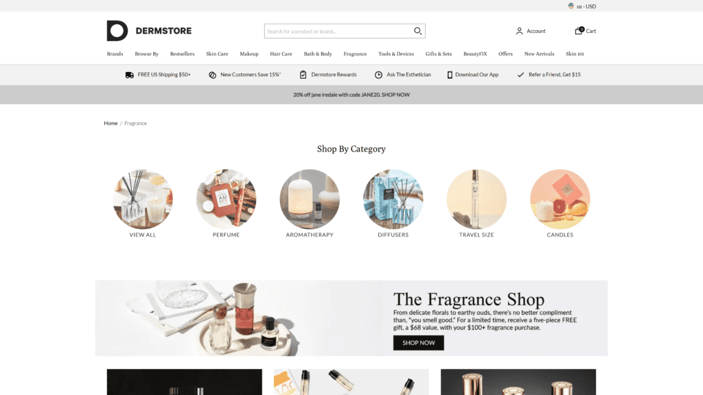 screenshot of the dermstore homepage