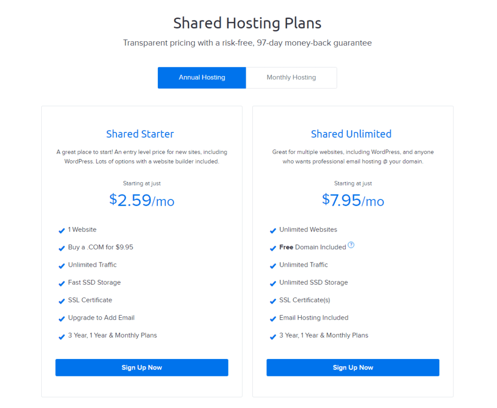 screenshot of the dreamhost pricing table