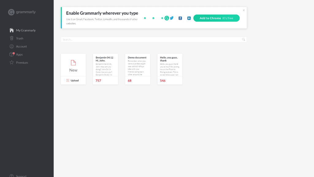 screenshot of the grammarly homepage