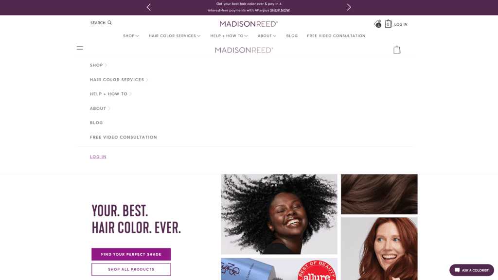 screenshot of the madison reed homepage