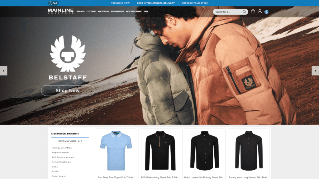 screenshot of the mainline menswear homepage