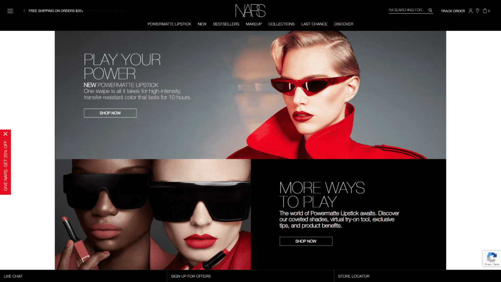 screenshot of the nars homepage