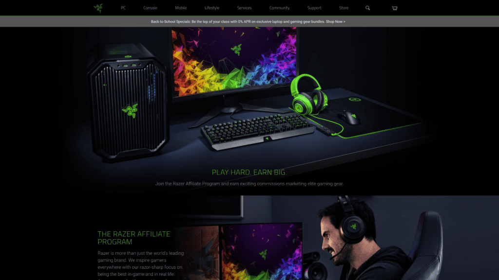 screenshot of the razer affiliate homepage