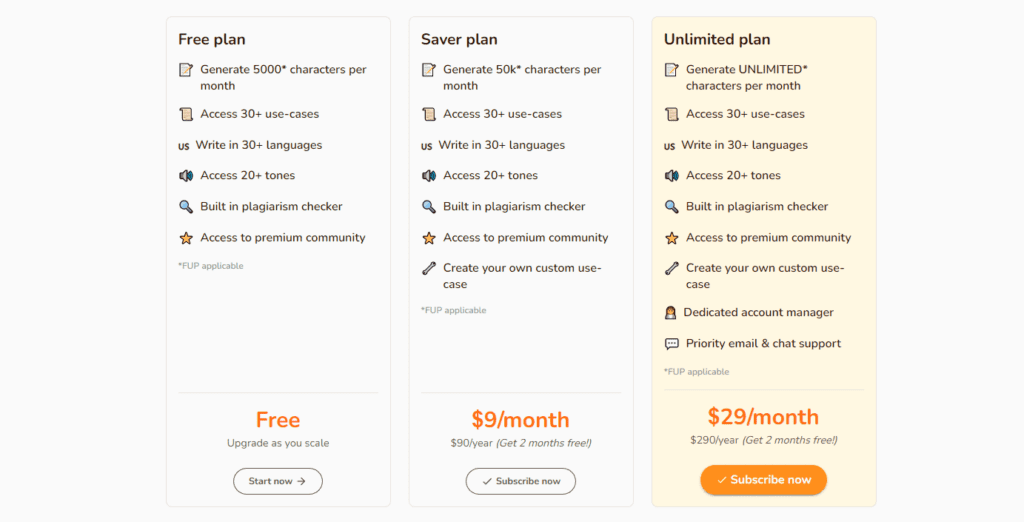screenshot of the rytr pricing table