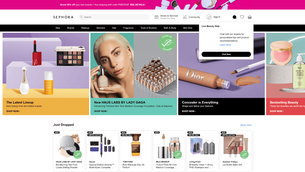 screenshot of the sephora homepage