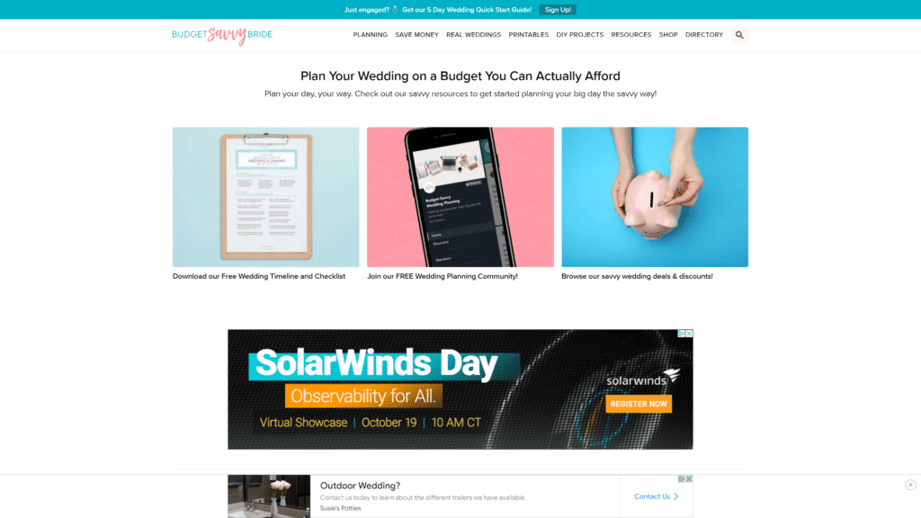 screenshot of the budget savvy bride homepage