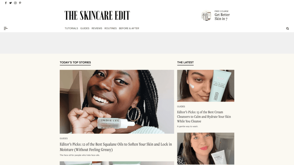 screenshot of the skincare edit homepage