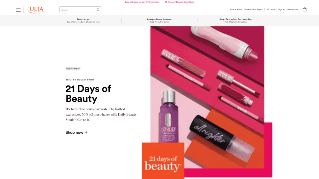 screenshot of the ulta beauty homepage