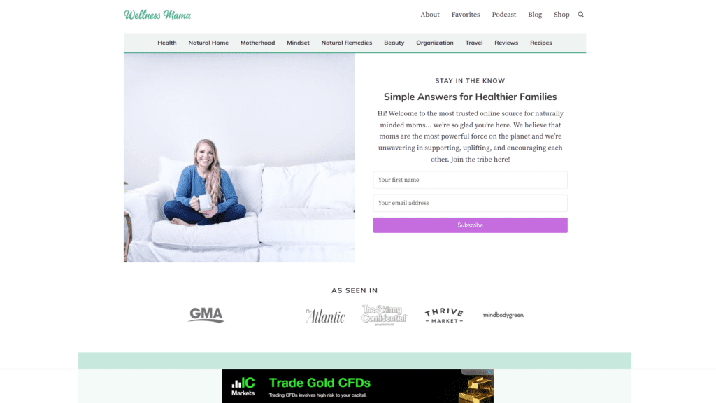 screenshot of the wellness mama homepage
