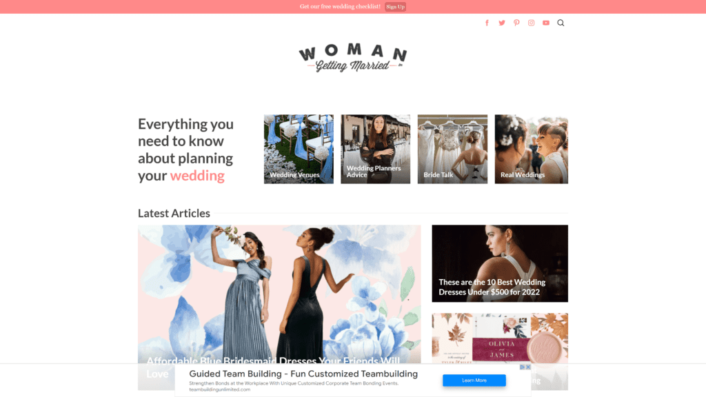 screenshot of the woman getting married homepage