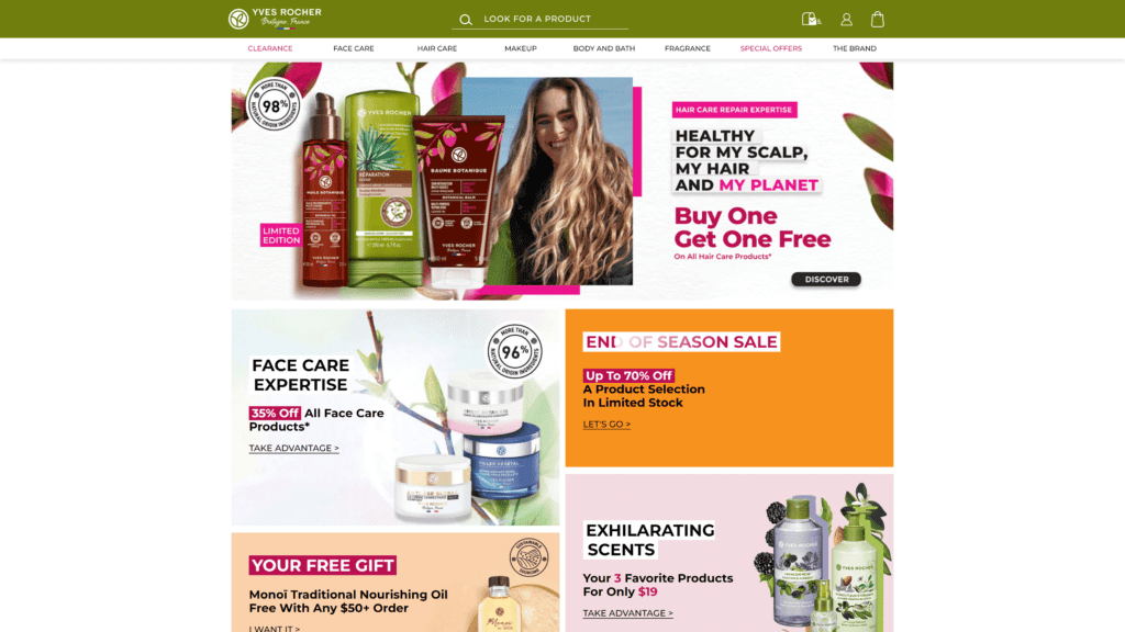 screenshot of the yves rocher homepage